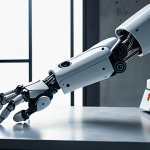 A robotic arm, initially appearing somewhat clumsy, transforming into a precise and agile machine. Show subtle visual cues like glowing lines or data streams indicating the learning process and "intuition" developing. The background is a clean, modern lab setting, emphasizing the iterative nature of Reinforcement Learning, with a blend of abstract AI concepts and concrete robotic action.