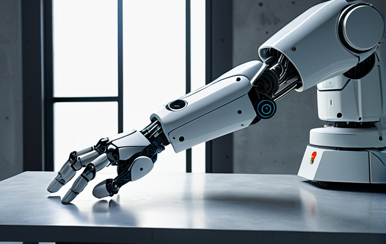 A robotic arm, initially appearing somewhat clumsy, transforming into a precise and agile machine. Show subtle visual cues like glowing lines or data streams indicating the learning process and "intuition" developing. The background is a clean, modern lab setting, emphasizing the iterative nature of Reinforcement Learning, with a blend of abstract AI concepts and concrete robotic action.