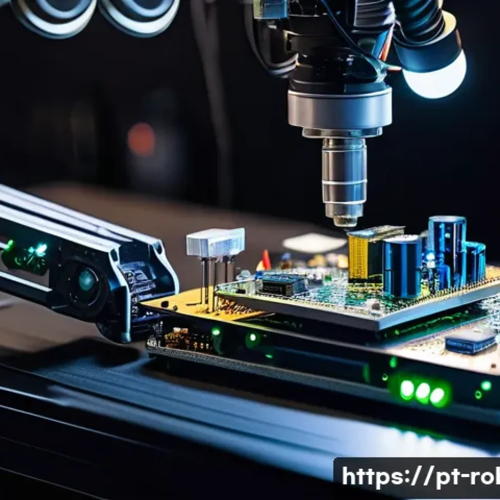 로봇 하드웨어 개발 - A detailed close-up of a robotic arm equipped with various electronic components: ultrasonic sensors...