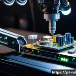 Home 22 로봇 하드웨어 개발 - A detailed close-up of a robotic arm equipped with various electronic components: ultrasonic sensors...