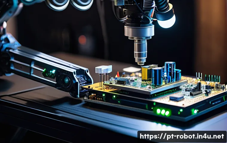 로봇 하드웨어 개발 - A detailed close-up of a robotic arm equipped with various electronic components: ultrasonic sensors...
