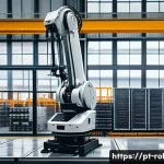 Home 21 로봇 에너지 효율 향상 - A sleek industrial robot equipped with advanced solid-state batteries, operating inside a modern Bra...