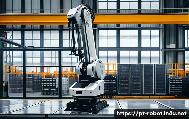 로봇 에너지 효율 향상 - A sleek industrial robot equipped with advanced solid-state batteries, operating inside a modern Bra...