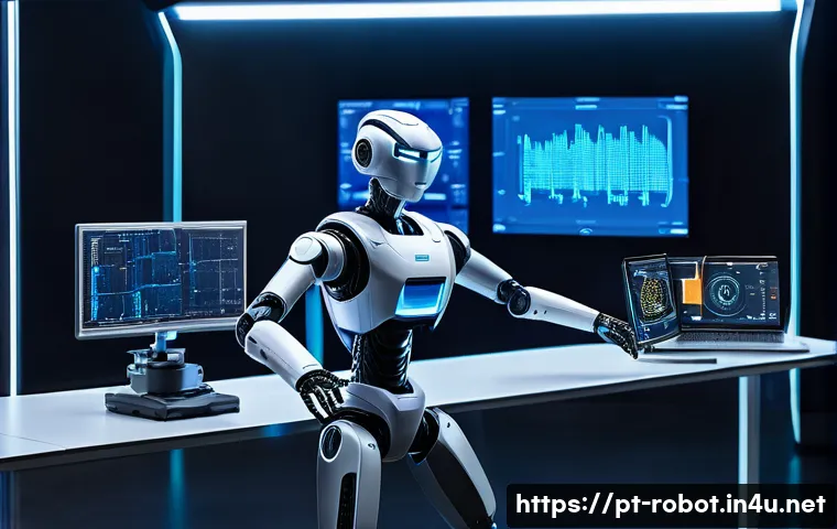 로봇의 딥러닝 훈련 데이터 - A high-tech robotic laboratory scene showcasing a robot equipped with multiple advanced sensors, inc...