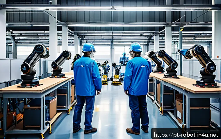로봇 인간 로봇 상호작용 - A modern industrial factory setting in S&atilde;o Paulo, Brazil, showcasing collaborative robots (cobots) w...