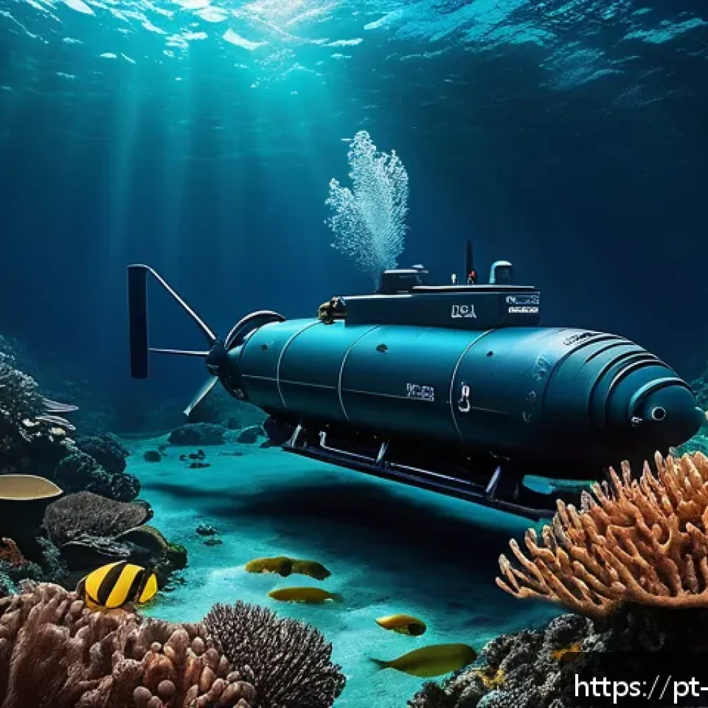 로봇 기반 해양 탐사 - A highly detailed underwater scene featuring an Autonomous Underwater Vehicle (AUV) exploring a deep...