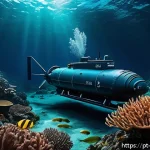 Home 23 로봇 기반 해양 탐사 - A highly detailed underwater scene featuring an Autonomous Underwater Vehicle (AUV) exploring a deep...