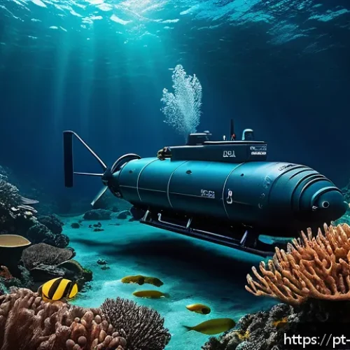 Home 17 로봇 기반 해양 탐사 - A highly detailed underwater scene featuring an Autonomous Underwater Vehicle (AUV) exploring a deep...