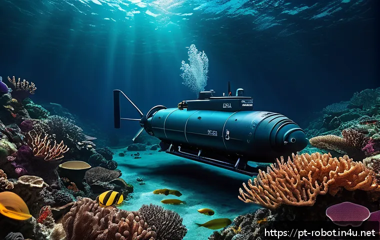 로봇 기반 해양 탐사 - A highly detailed underwater scene featuring an Autonomous Underwater Vehicle (AUV) exploring a deep...
