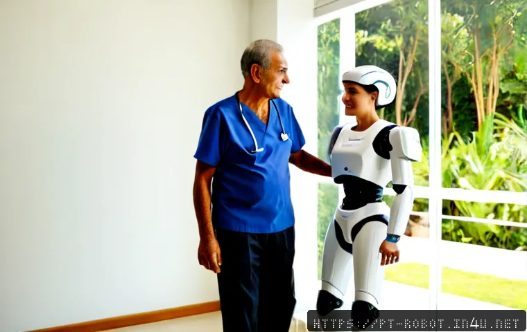 Home 15 로봇 기반 헬스케어 혁신 - Photorealistic modern rehabilitation clinic in São Paulo, Brazil, an older Brazilian patient in casu...