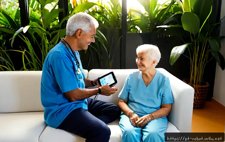 로봇의 헬스 모니터링 기술 - Photorealistic home healthcare scene in a bright modern Brazilian apartment, a friendly compact serv...