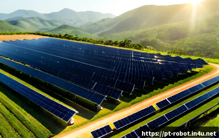 로봇이 적용된 신재생 에너지 - Photorealistic aerial view of a solar farm in the Brazilian countryside, an autonomous wheeled clean...